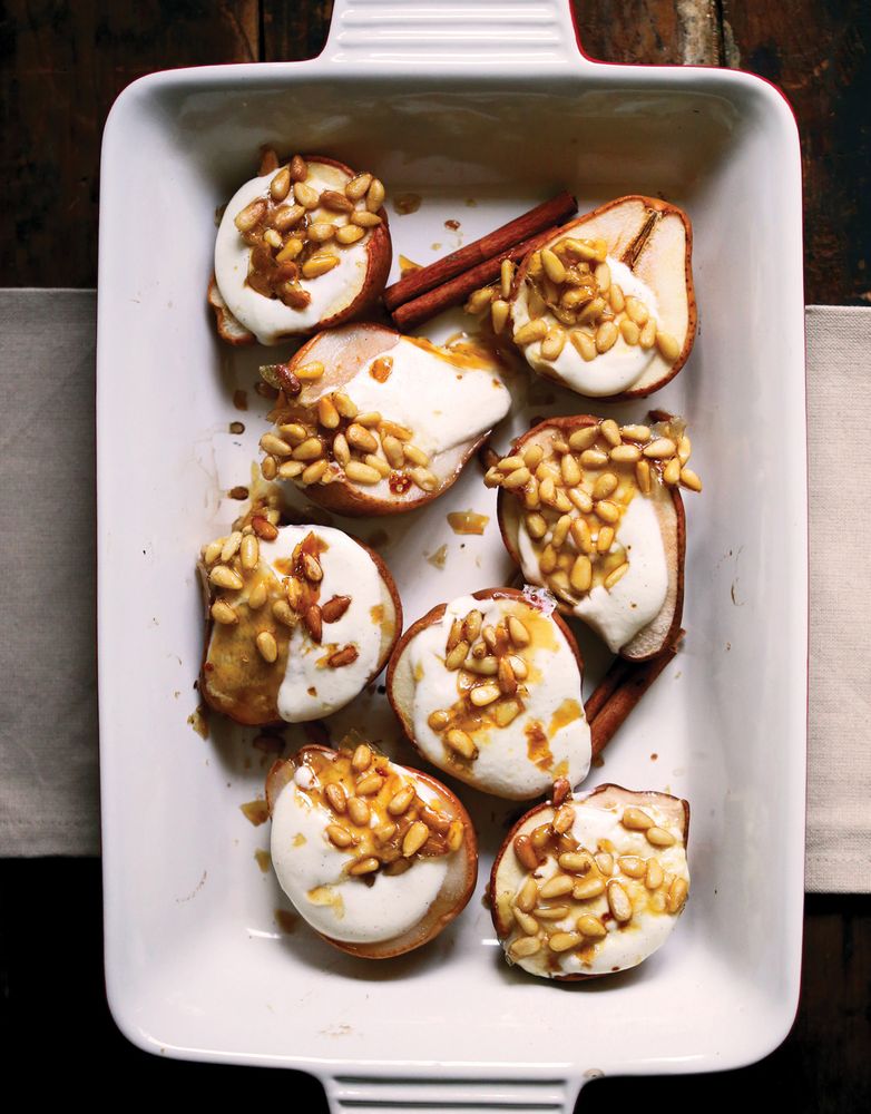 Roasted Pears with Whipped Goat Cheese and Maple Pine Nut Brittle from Whole Bowls: Complete Gluten-