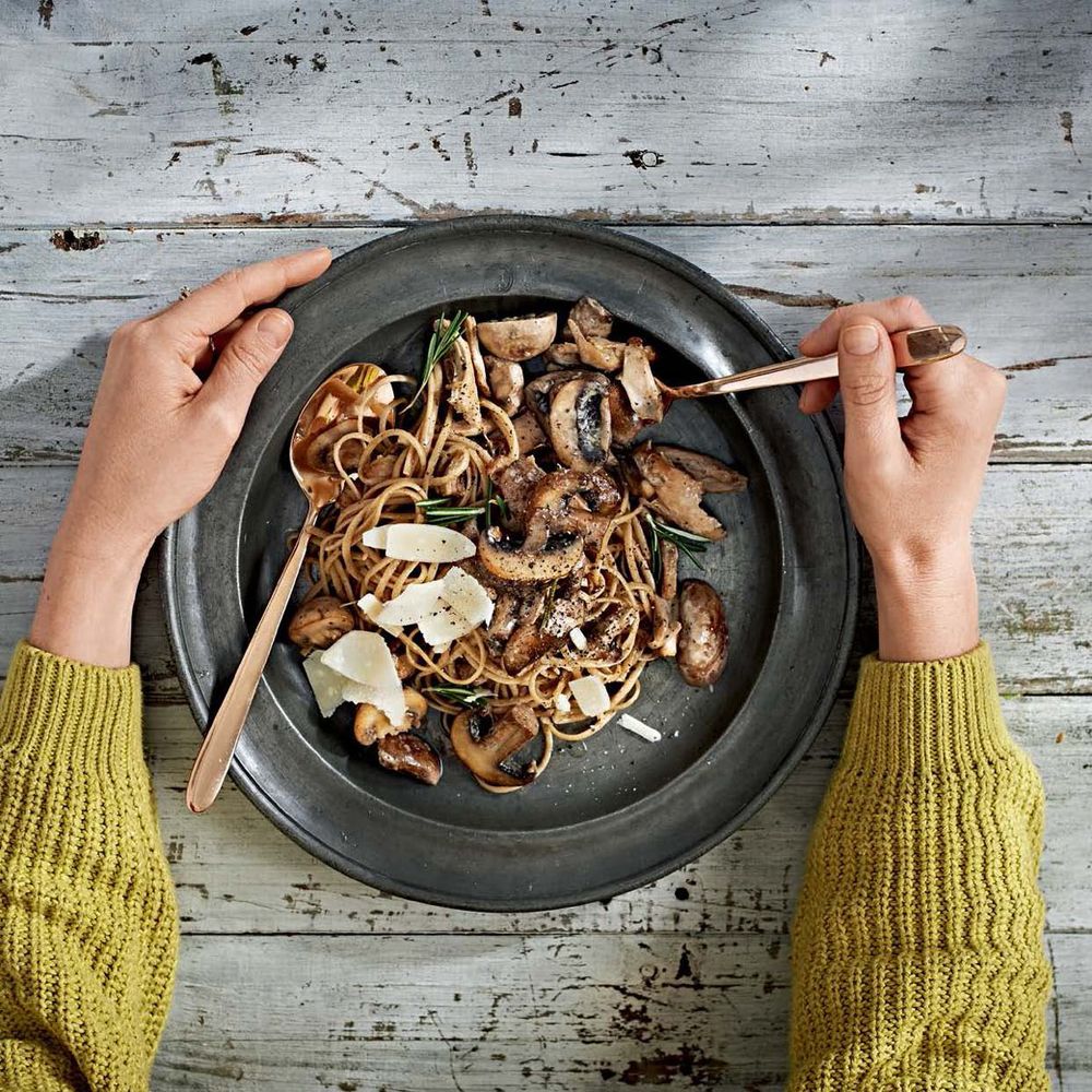 Roast Chicken, Mushroom and Truffle Oil Linguini from Wholesome by Sarah Graham