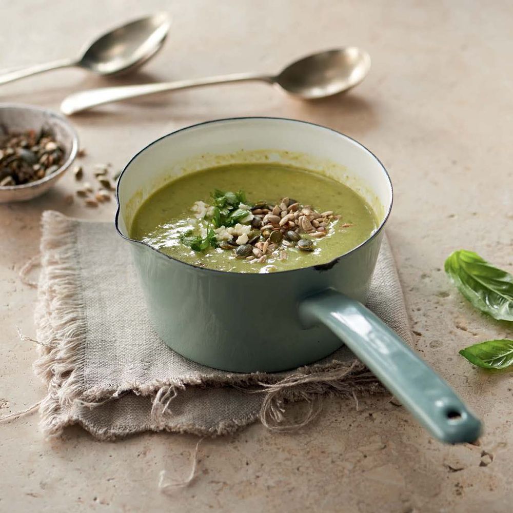 Asparagus, Broccoli and Kale Soup with Mixed Seed Croutons from Wholesome by Sarah Graham