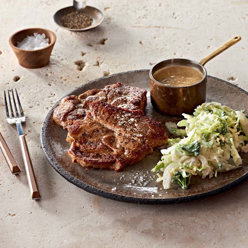 Mustard Pork Chops with Broccoli and Fennel Slaw from Wholesome by Sarah Graham