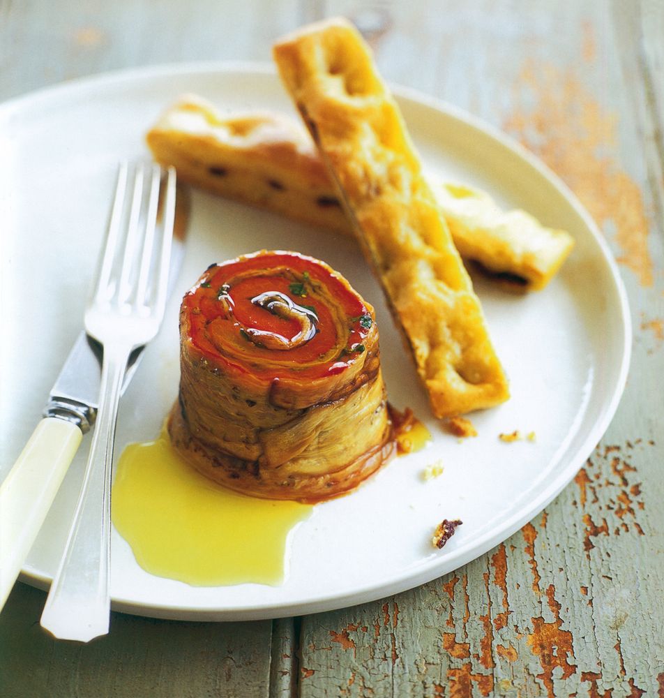 Red capsicum + eggplant roll with black olive + thyme focaccia from Wild Weed Pie: A Lifetime of Rec
