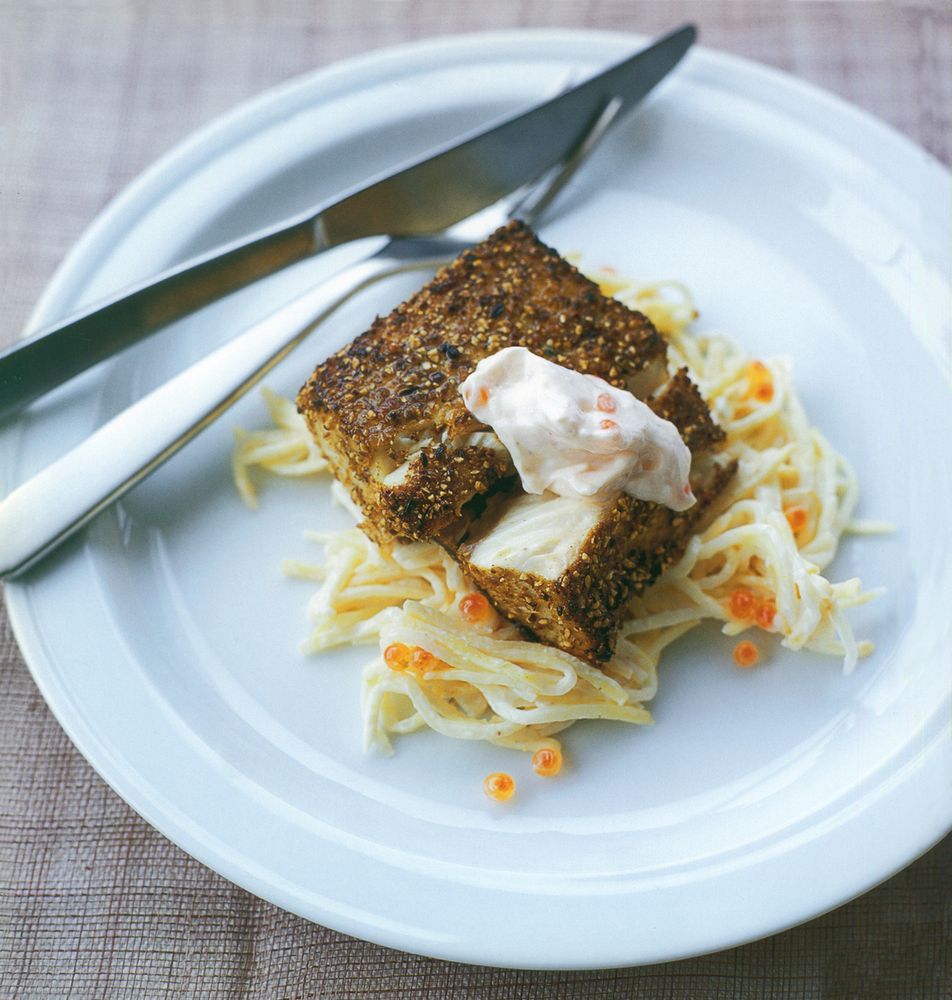 Peppercrusted Spanish mackerel with celeriac + salmon roe mayonnaise