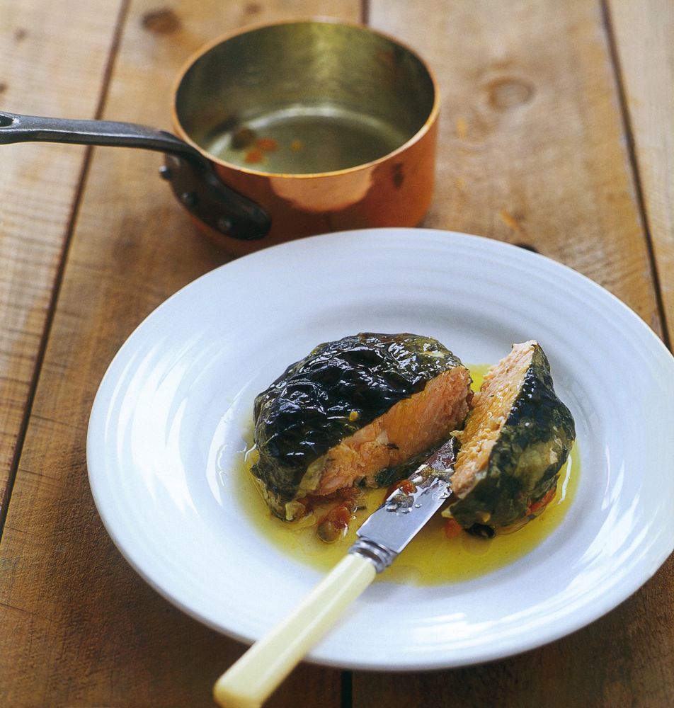 Braised trout wrapped in sorrel with anchovies + capers from Wild Weed