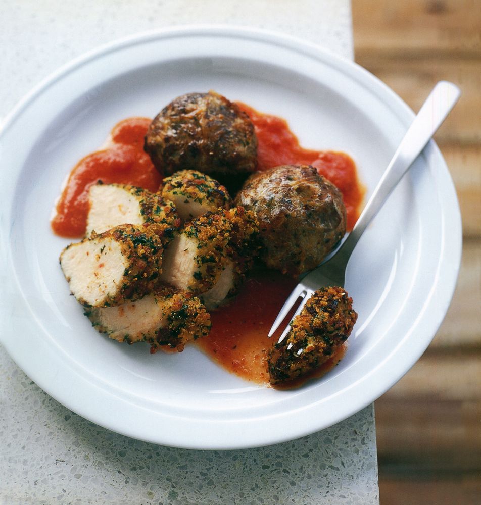 Bacon + herb crumbed fillet of rabbit with rabbit liver faggots from ...