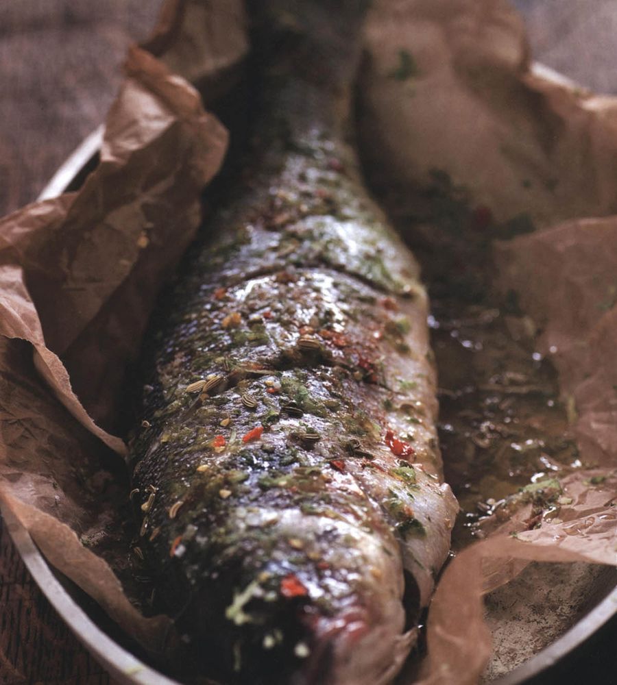 Baked sea bass with fennel and lime from Winter Food by Jill Norman