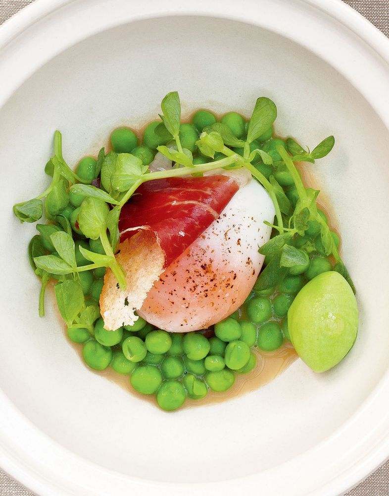 Duck Egg/Ham/Peas from Too Many Chiefs Only One Indian by Sat Bains