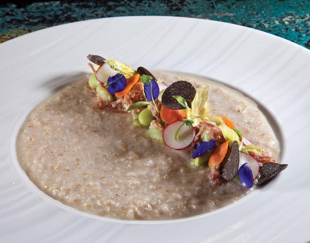 Smoked Pork NeckBone Salad, Brown Rice Congee, Cilantro, Baby Lima