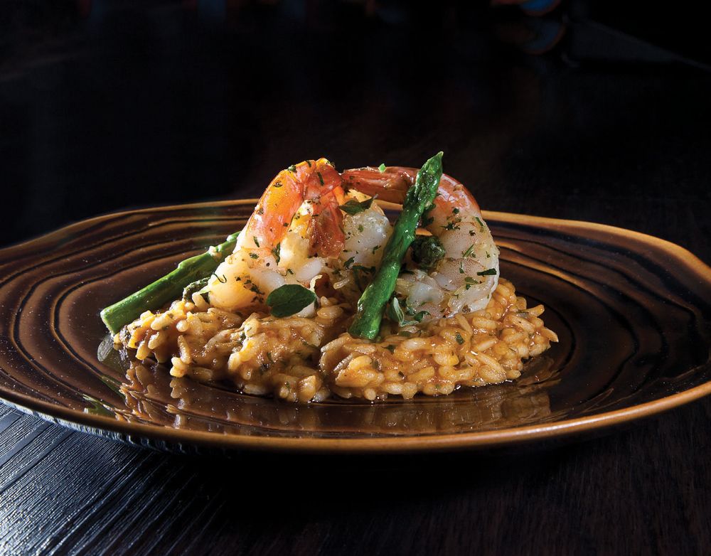 Jollof Style Creamy Tomato Risotto with Jumbo Prawns and Asparagus Tips ...