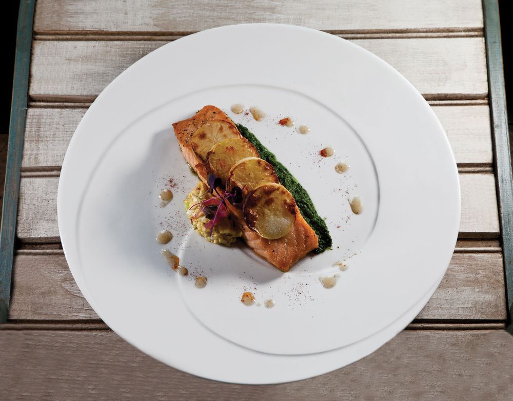 Roast Salmon with Collard Green Purée, Thick Cut Potato Chips, Deviled