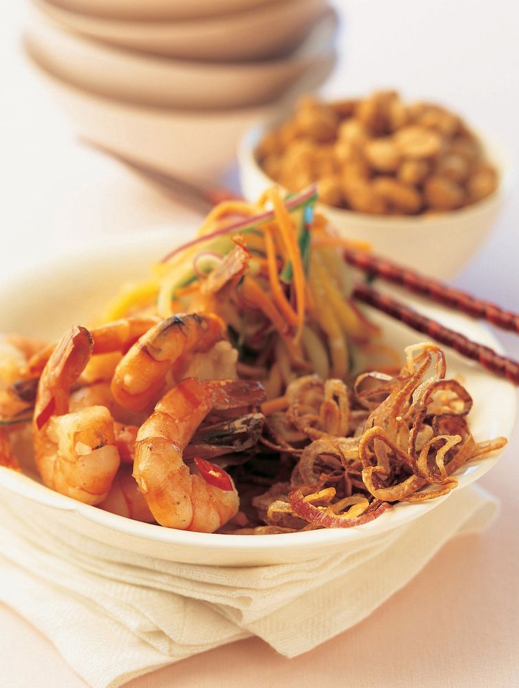 Thai Prawn Salad with Garlic Dressing and Frizzled Shallots from Thai Food and Cooking by Judy Bastyra and Becky Johnson