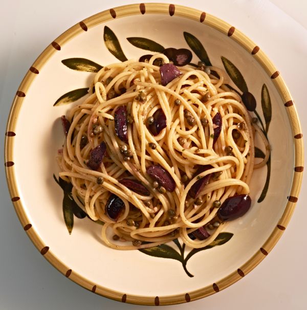 Spaghetti with Anchovies, Olive Oil, Capers and Olives from The Classic Pasta Cookbook by Giuliano H