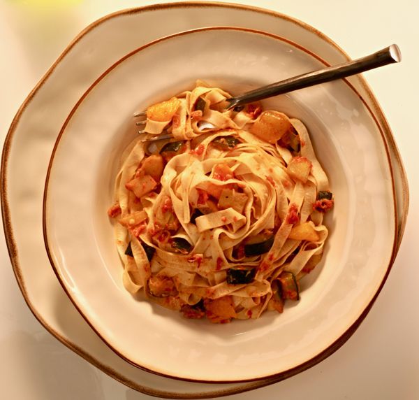 Fettuccine with Vegetables and Roasted Red Pepper Sauce from The Classic Pasta Cookbook by Giuliano 