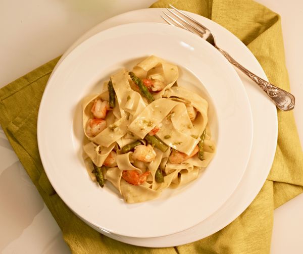 Fettuccine with Prosciutto, Asparagus and Cream from The Classic Pasta Cookbook by Giuliano Hazan