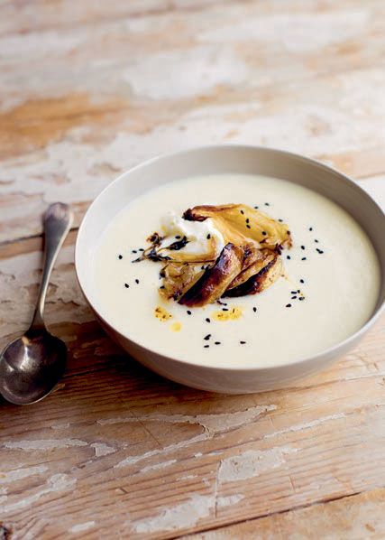 Cauliflower cream cheese soup with sweet roast onions from The Flexible Vegetarian by Jo Pratt