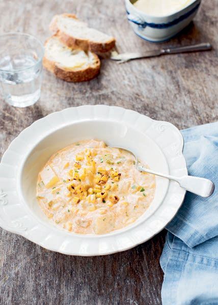 Roast corn chowder with spiced maple corn from The Flexible Vegetarian by Jo Pratt