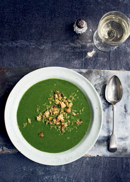 Spinach soup with lemon and garlic crumbs from The Flexible Vegetarian by Jo Pratt