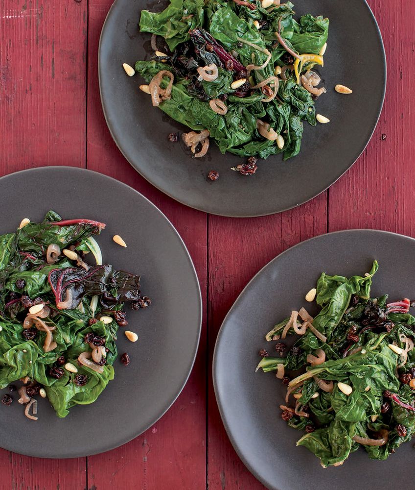 Swiss Chard with Currants and Pine Nuts from The Side Dish Handbook by Tori Ritchie
