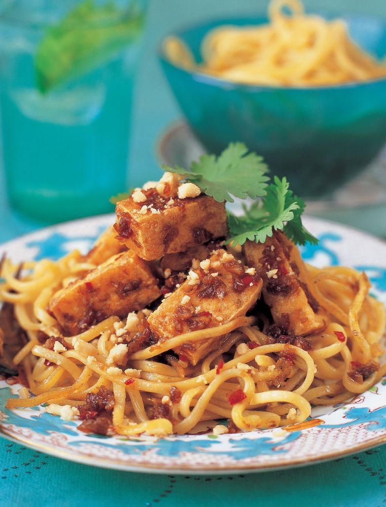 Crispy fried tempeh and noodles from The Tofu Cookbook by Becky Johnson