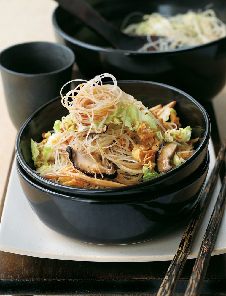 Rice noodles with bean curd skins from The Tofu Cookbook by Becky Johnson