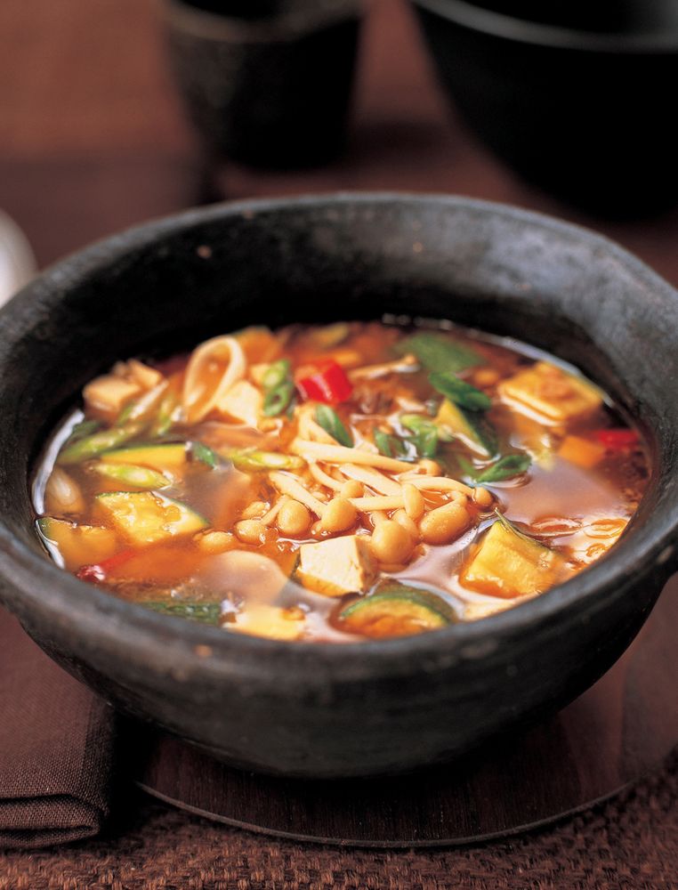 Soya bean paste stew from The Tofu Cookbook by Becky Johnson
