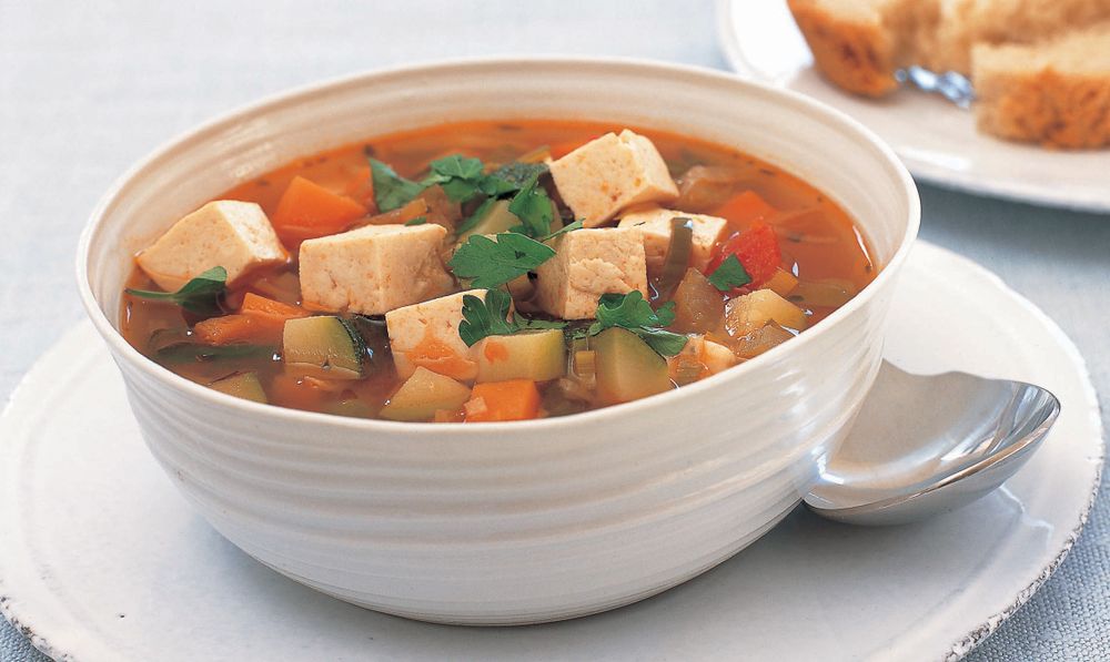 Vegetable and marinated fried tofu soup from The Tofu Cookbook by Becky Johnson