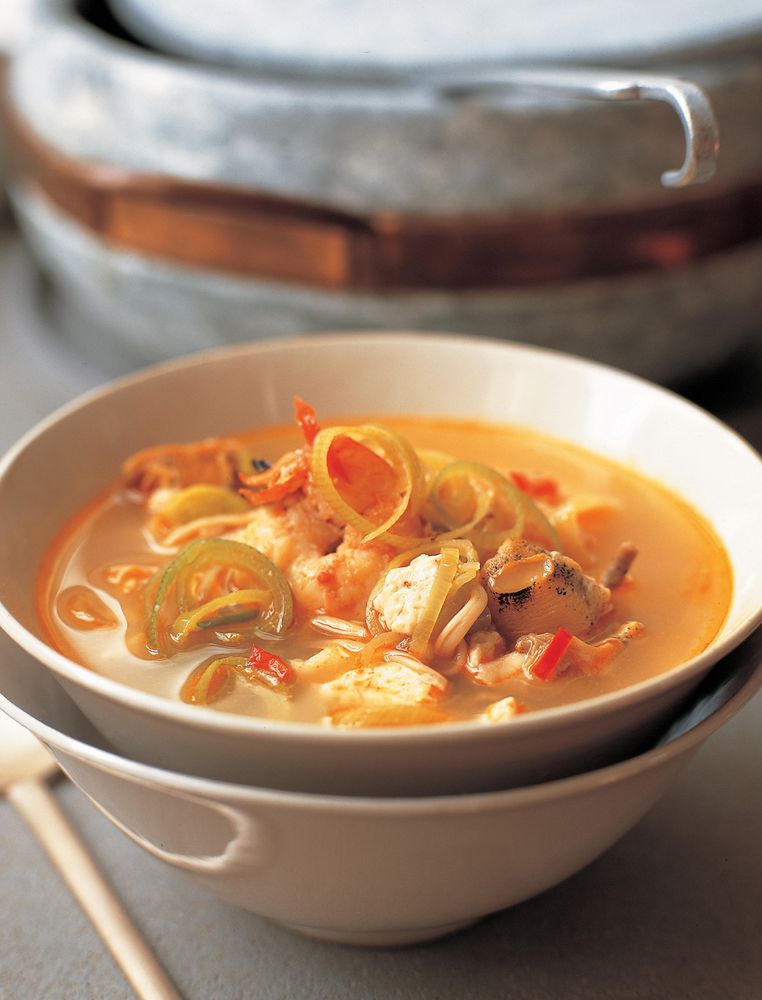 Spicy soft tofu and seafood stew from The Tofu Cookbook by Becky Johnson