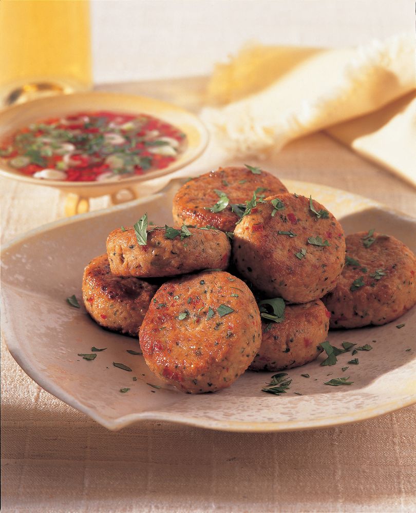 Thai tempeh cakes with dipping sauce from The Tofu Cookbook by Becky Johnson