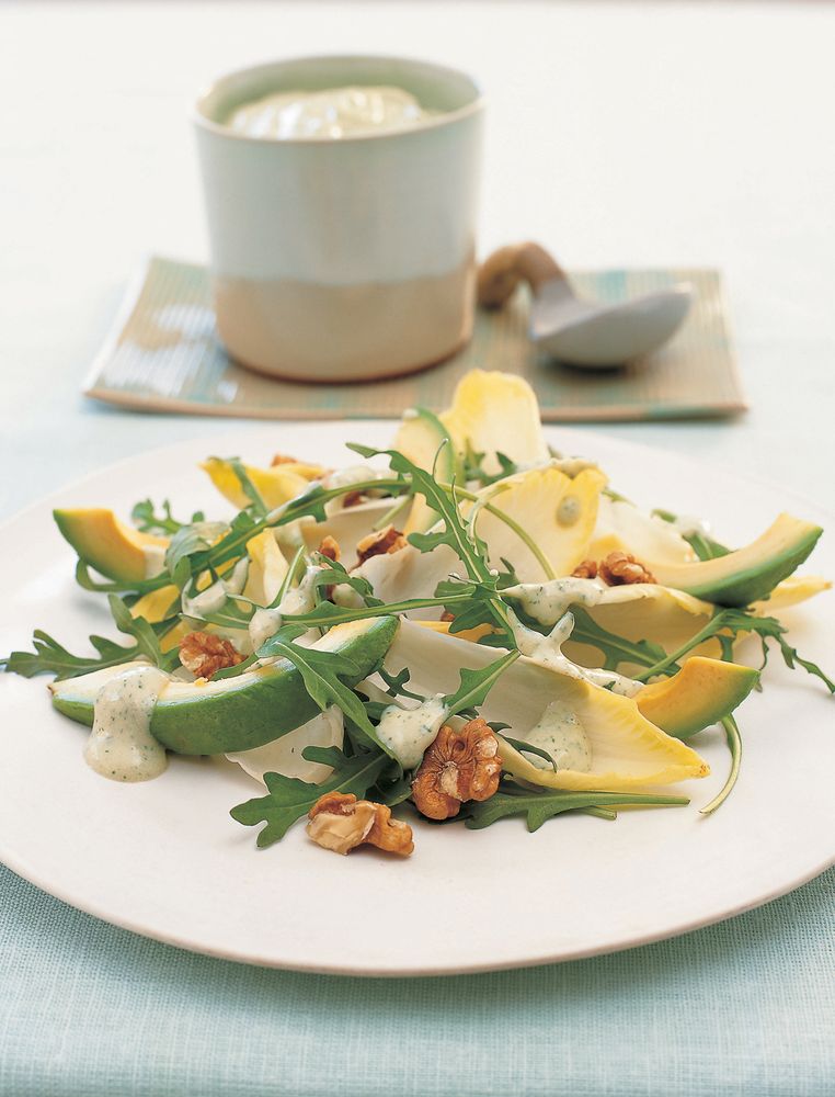 Chicory and avocado salad with tofu-dill dressing from The Tofu Cookbook by Becky Johnson