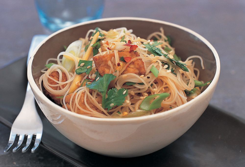 Fried tofu and rice noodles from The Tofu Cookbook by Becky Johnson