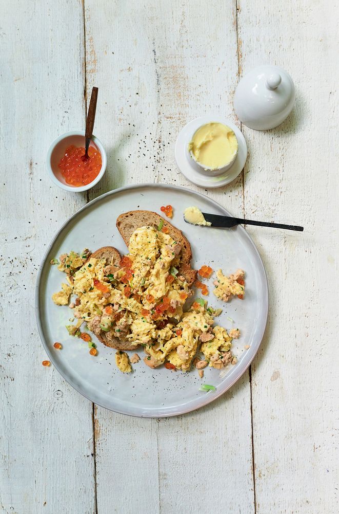 Salmon Scrambled Eggs on Toast from The Tinned Fish Cookbook EasyToMake Meals from Ocean to