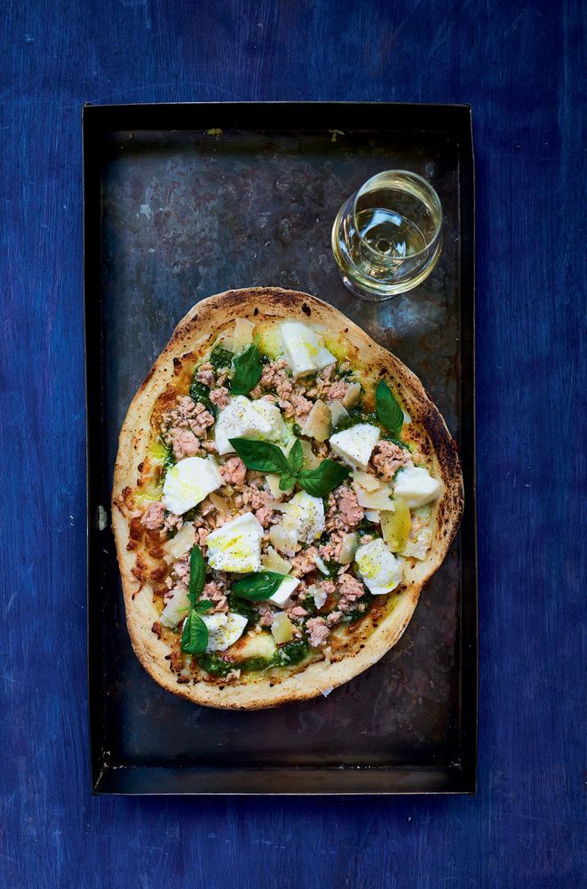 Salmon Pizza from The Tinned Fish Cookbook: Easy-To-Make Meals from Ocean to Plate by Bart van Olphen