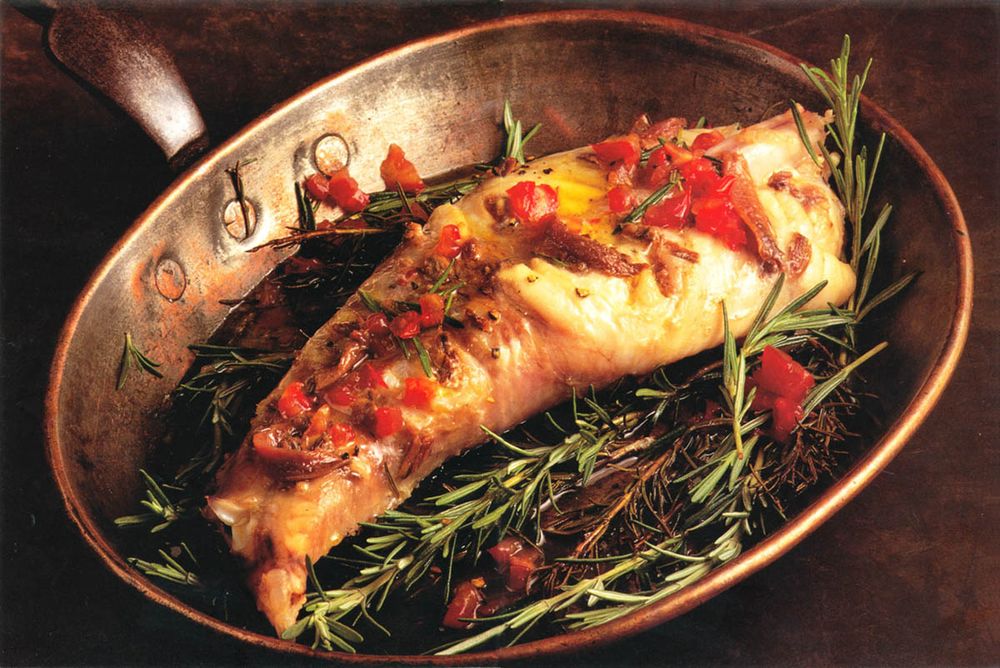 Gigot of Monkfish Romarin with Anchovies from Two Fat Ladies