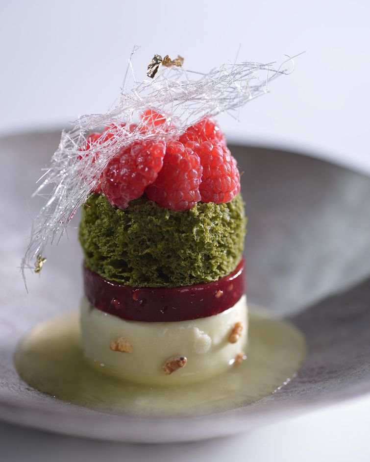 Crispy Matcha Parfait, Raspberries, and Green Tea Umami Gelée from