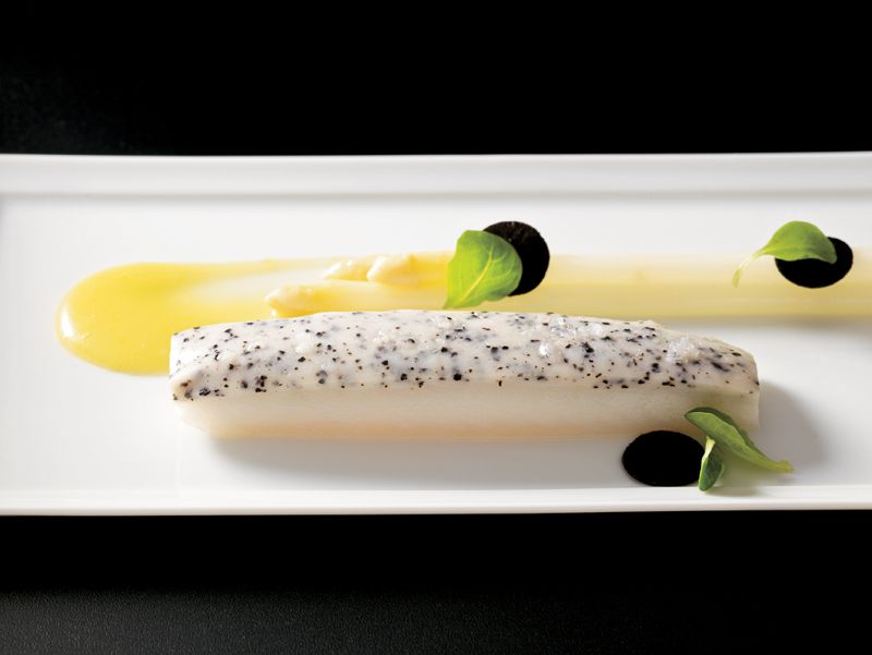 St. Peter’s Fish with Black Truffle Mousse, White Asparagus, and