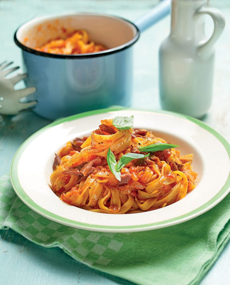 Pasta with Sweet Tomato Sauce & Crispy ‘Bacon’ from Vegan Kids by Heather Whinney