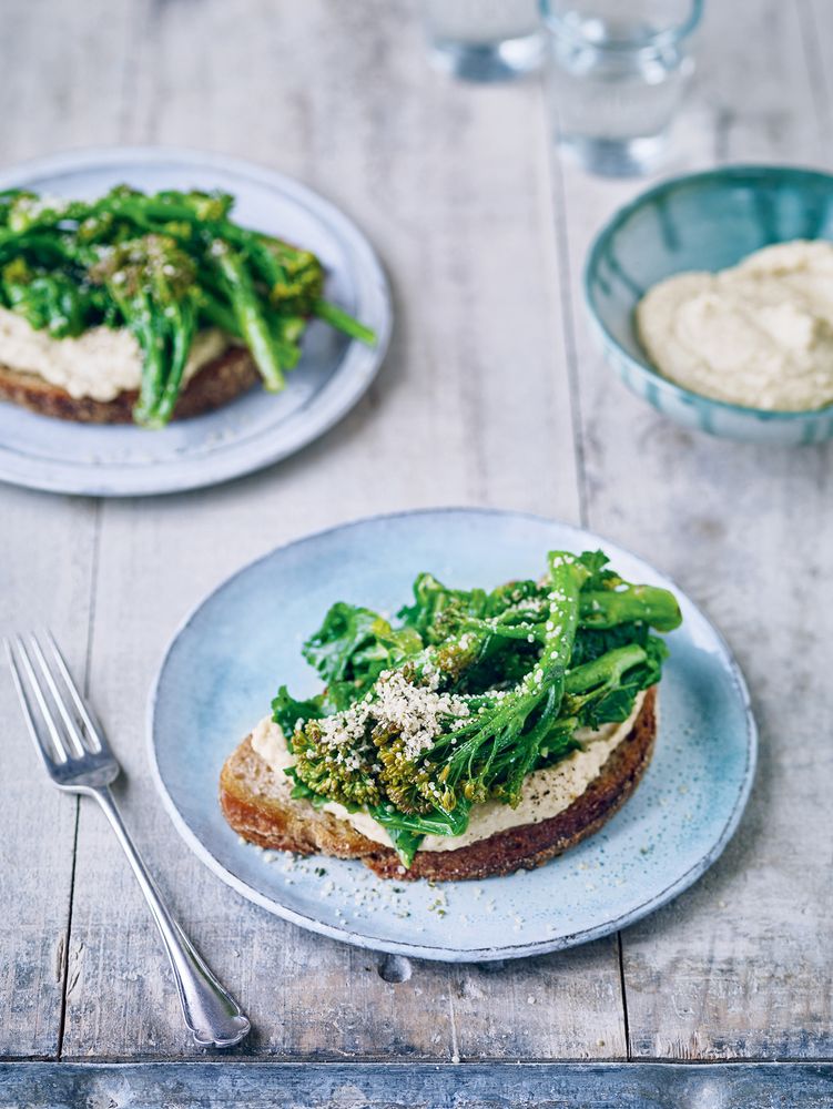 Tender Greens on Toast with Pea Hummus or Ajvar Roasted Pepper Spread