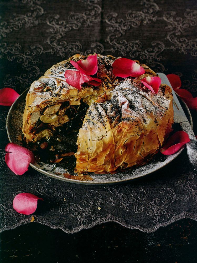 Artichoke, Potato, Spinach, & Tofu B’stilla with Poppy Seeds & Rose Petals from V is for Vegan by Ke