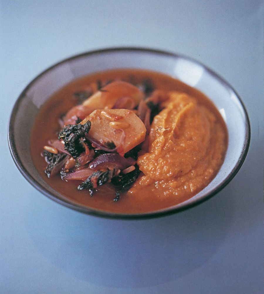 Kohlrabi, cavolo nero, pine nut and tomato stew on sweet potato miso mash from Vegetables: The new f