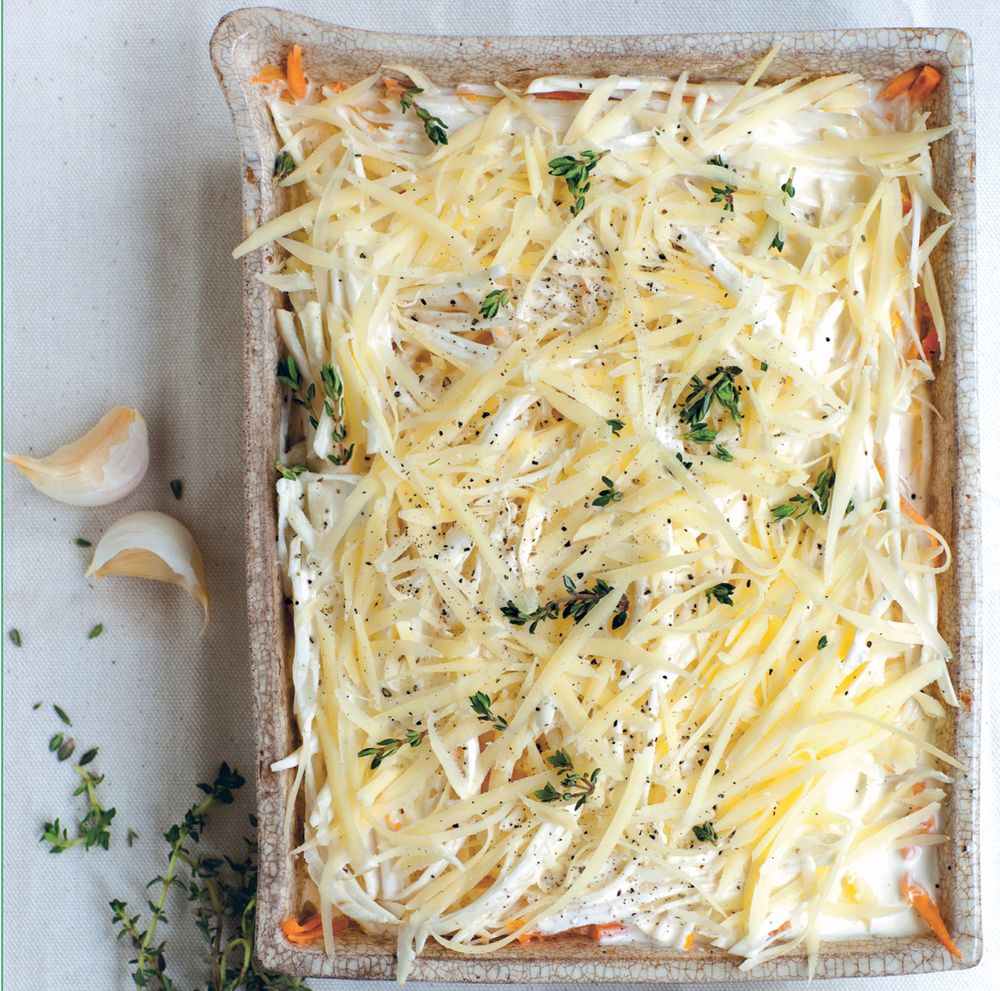 Shredded vegetable gratin with crème fraîche and gruyère from Vegetarian by Alice Hart