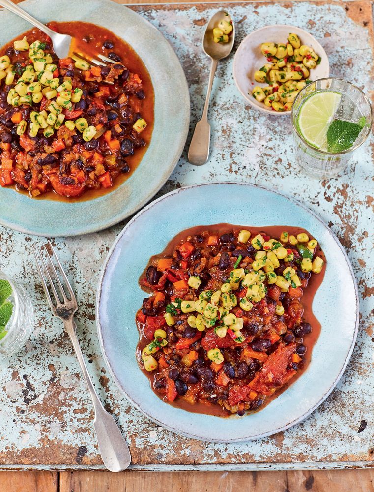 Black Bean Chilli with Corn and Lime Salsa from The Vegetarian Kitchen