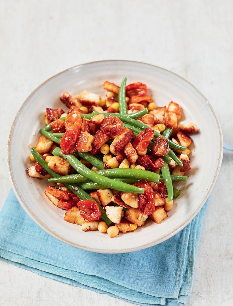 Slow–Roasted Tomato, Chickpea, Halloumi and French Bean Salad from The Vegetarian Kitchen by Prue Leith and Peta Leith